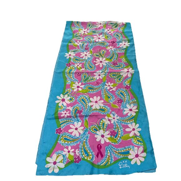 Lilly Pulitzer 100% Silk Scarf Paisley Butterfly Pink Ribbon Breast Cancer 56” - Picture 3 of 9